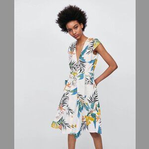 Zara XS Tropical Print Linen Dress
